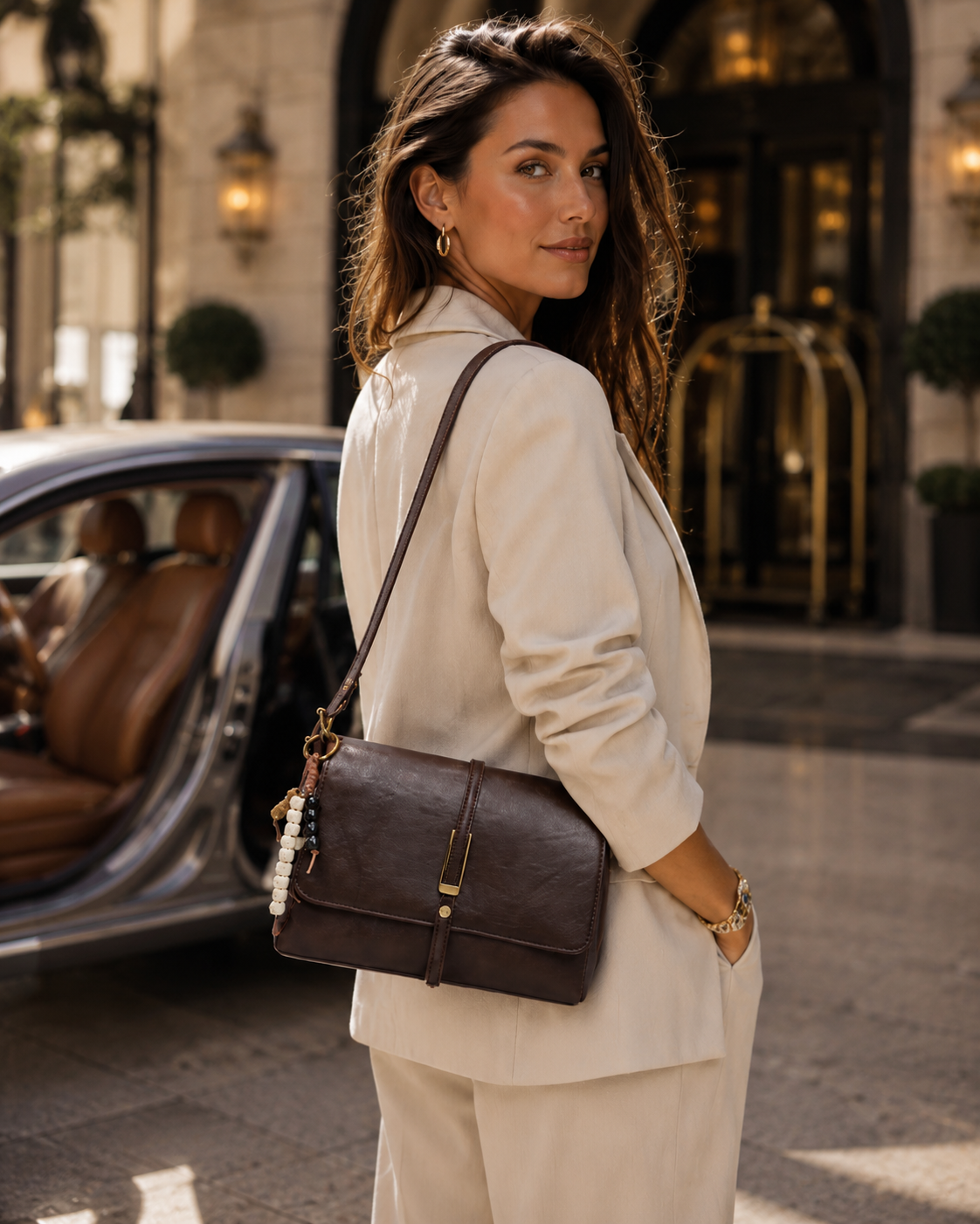 Margaux tote bag in Cognac brown with top handles and crossbody strap