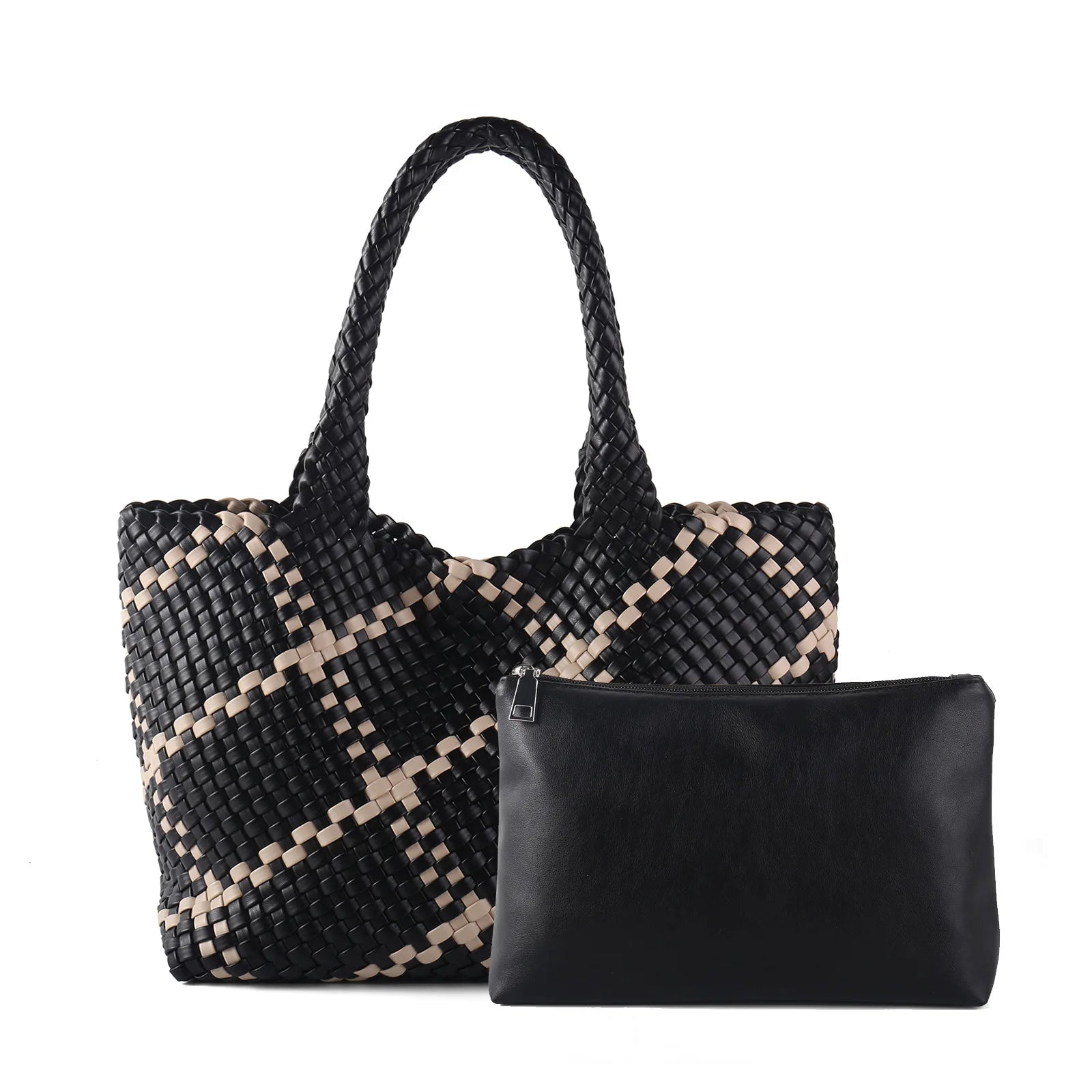 Handwoven PU Leather Shoulder Tote Bag with Inner Pouch