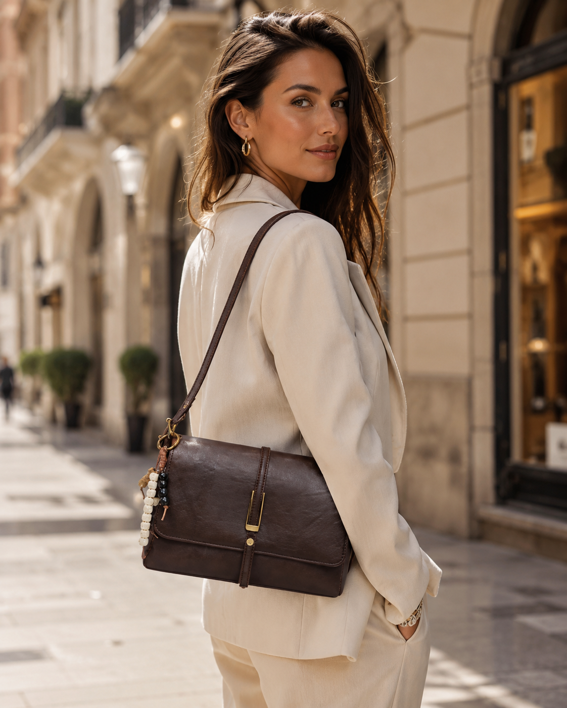 Margaux leather tote in Camel worn crossbody for everyday and work