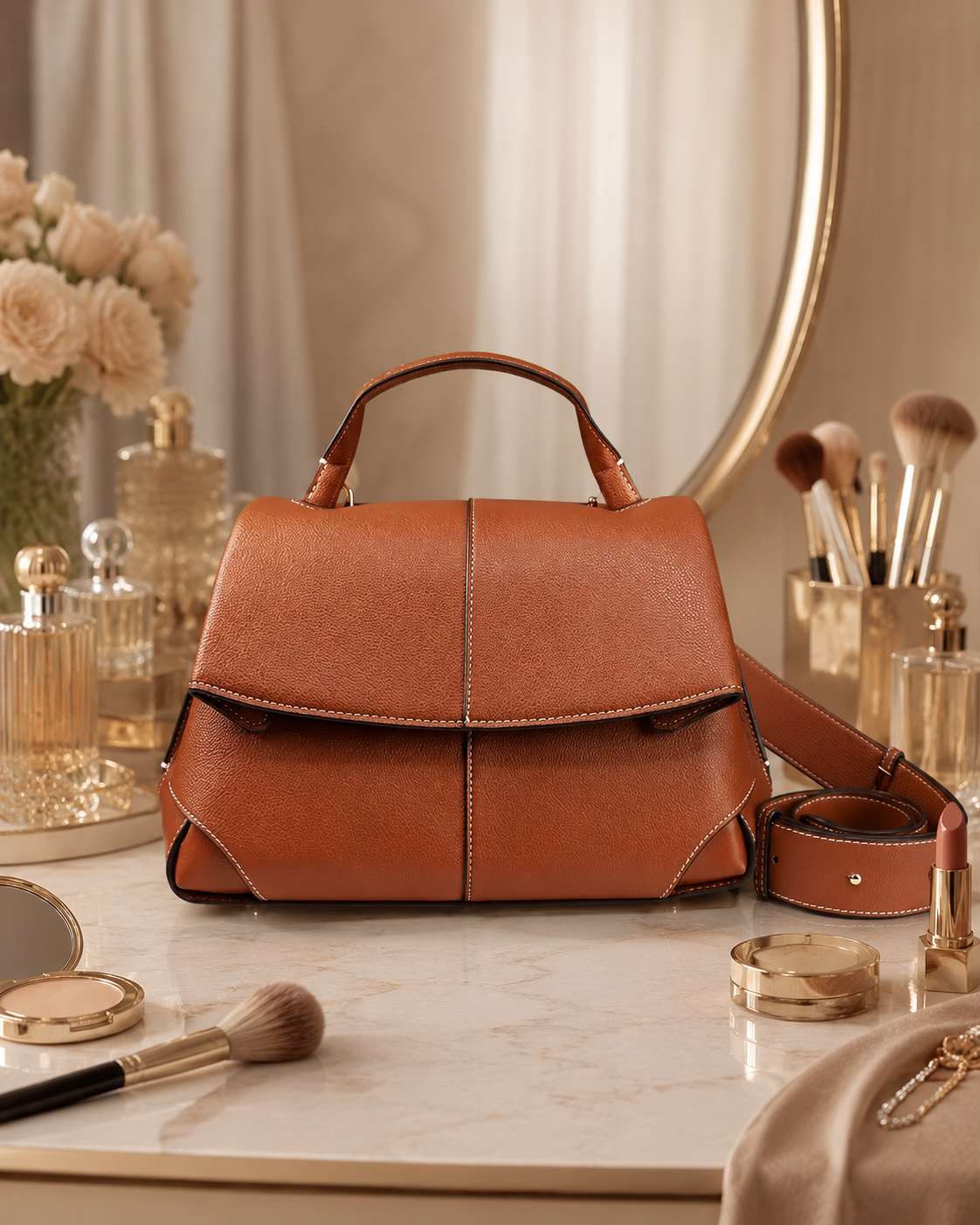 Maison LYORÉN premium leather crossbody bag in Sienna Brown